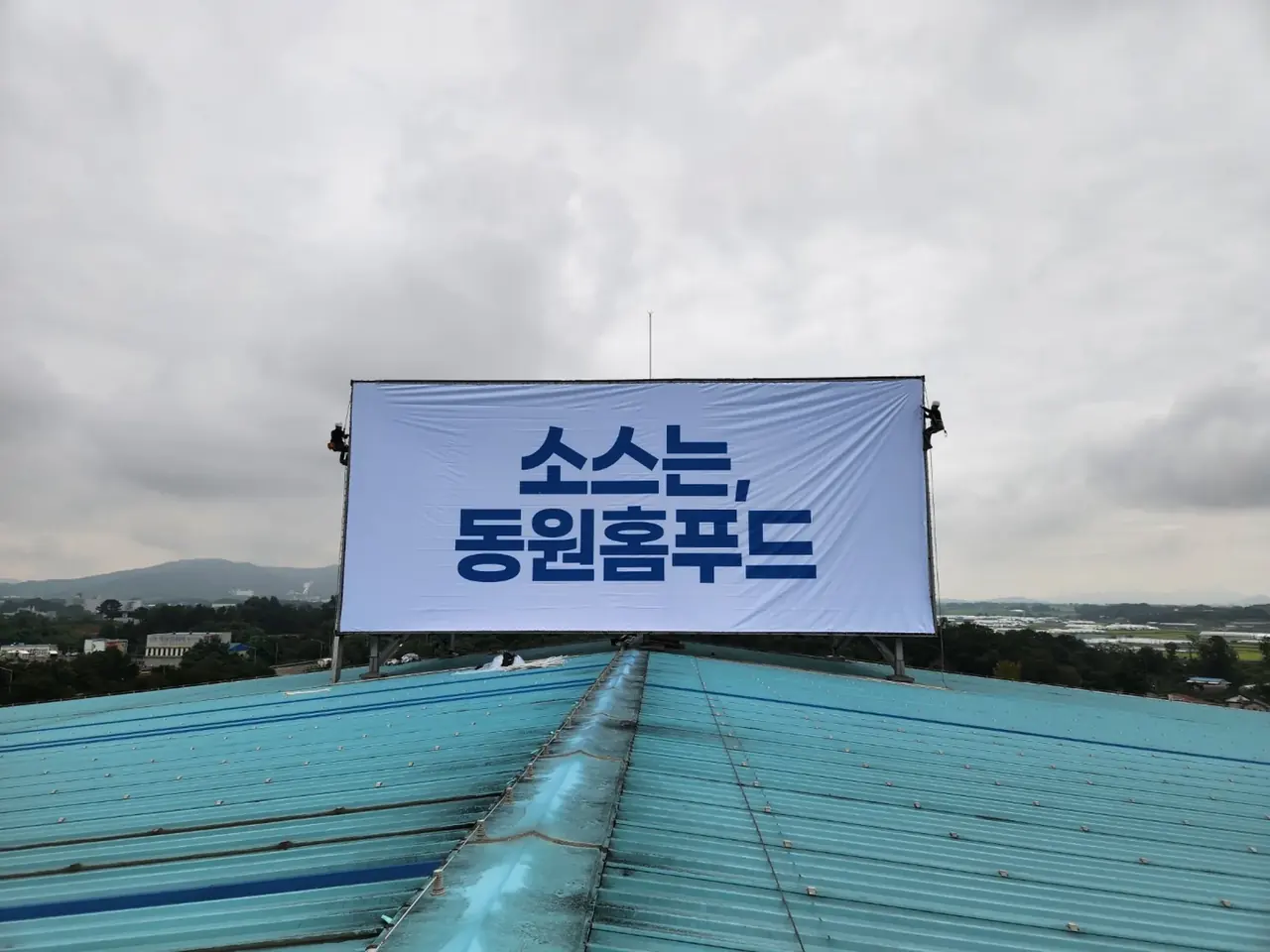 옥상광고탑 대형 배접 화면 양옆에서 로프에 매달려 마감 작업 중인 작업자들